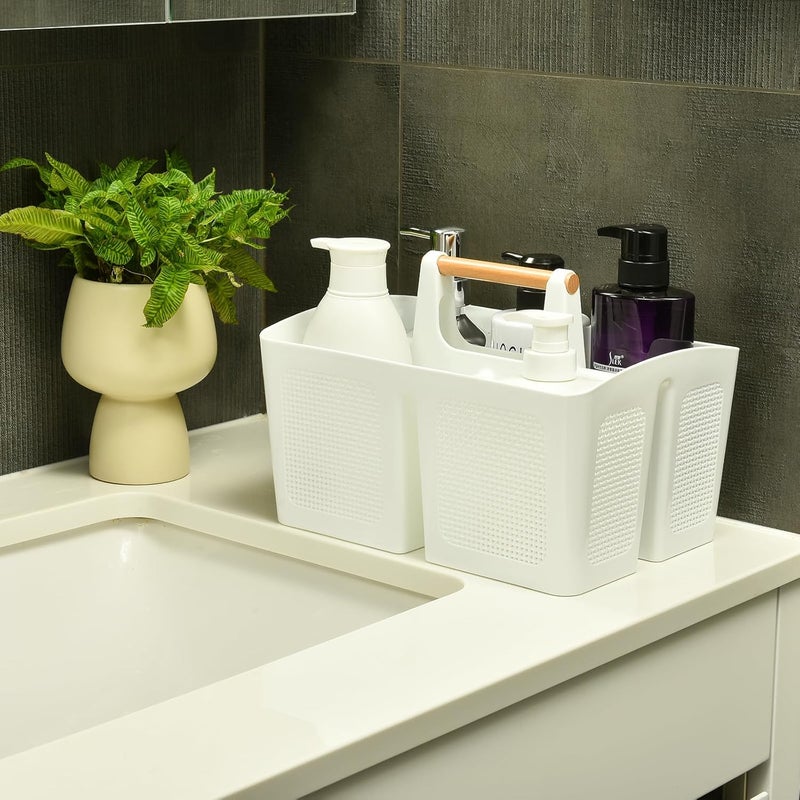 A-Link سلة دش محمولة مع أقسام، منظم تخزين بلاستيكي مقسم مع مقبض لأساسيات الحمام، الكلية، غرفة النوم، أبيض - Image 3